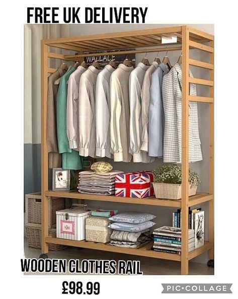 Wooden Clothes Rail 💥 £98.99 🚚 free UK 🇬🇧 delivery 🚚 7-14 working days for delivery. Who would like my shoplink #homewareandmorewithtina Wooden Clothes Rack, Scarf Rack, Wooden Closet, Open Wardrobe, Wood Clothes, Clothes Stand, Clothes Rail, Hanging Clothes, Garment Racks