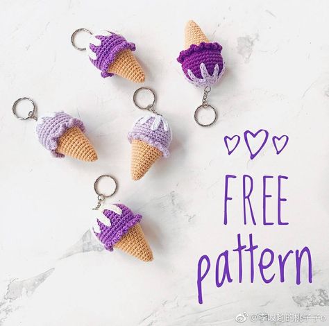 Amigurumi Ice Cream Keychain Free Pattern – Amigurumi Amigurumi Ice Cream, Ice Cream Keychain, Amigurumi Minta, Crochet Keychain Pattern, Pola Amigurumi, Crochet Patron, Crochet Food, Ice Cream Cones, Crochet Diy