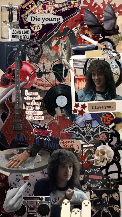 #eddiemunson #eddie #strangerthings #moodboard #collage #aesthetic Eddie Munson Aesthetic, Moodboard Collage, Collage Aesthetic, Eddie Munson, Die Young, Favorite Person, Stranger Things, Mood Board, Comic Book Cover