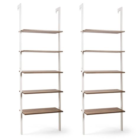 PRICES MAY VARY. 🌼【Ladder Design】The top of the ladder shelf is fixed into the wall with screws, ensuring the maximum stability. And the ladder design gives you a sense of visual hierarchy to lead abundant view layer to go into indoor. 🌼【5-tier Shelves for Large Storage】Featuring 5-tier open shelves, this ladder shelf can maximize the vertical storage space while keep your daily essentials and display decorations in order. And the 11” gap between each shelf ensures you to put tall stuffs on th White Ladder Bookshelf, Bookshelf Metal, Display Bookshelf, Simple Bookcase, Decorative Bookshelves, Ladder Storage, Ladder Bookshelf, 5 Shelf Bookcase, Shelf Rack
