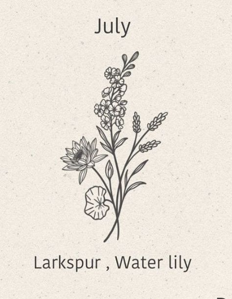 July Birth Flower Bouquet, Larkspur Flower Tattoos, Larkspur Tattoo, Water Lily Tattoos, Pretty Flower Tattoos, Birth Flower Bouquet, July Birth Flower, Lily Flower Tattoos, Small Pretty Tattoos