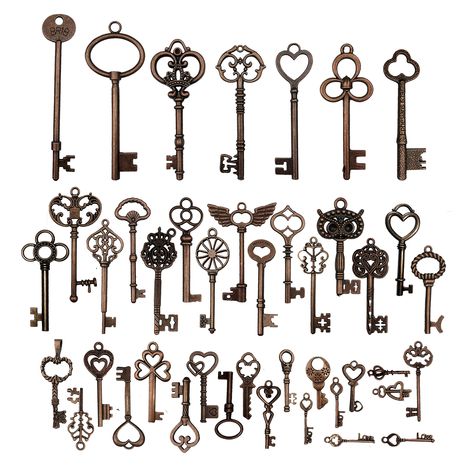 PRICES MAY VARY. Antique vintage style skeleton key replicas Antique bronze finish 42 assortedstyle, 1pc for each style, no repeat Key size: 20-95mm Metal alloy- Lead Free For jewelry making, many customers purchase 2 lots so you have a pair of every key! Perfect for use as necklace or earring pendants, vintage wedding decor and escort cards, scrapbooking, and other crafts. Vintage Key Tattoos, Skeleton Key Tattoo, Skelton Key, Key Tattoo Designs, Chris Garver, Key Tattoos, Key Tattoo, Mad Hatter Party, Vintage Skeleton Keys