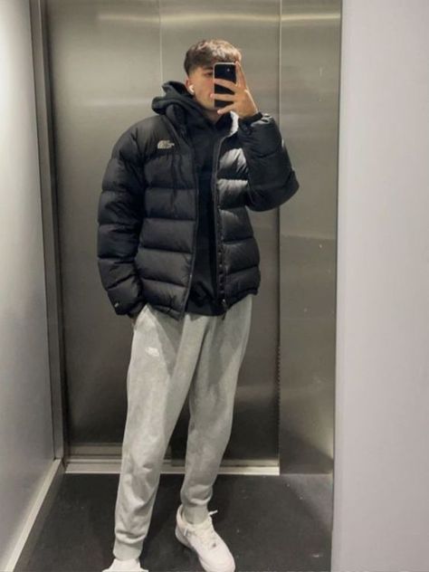 Grey, Black, Tracksuit Bottoms, Grey Sweatpants, Puffy Jacket, Puffer Jacket, A Man, Puffer, Sweatpants