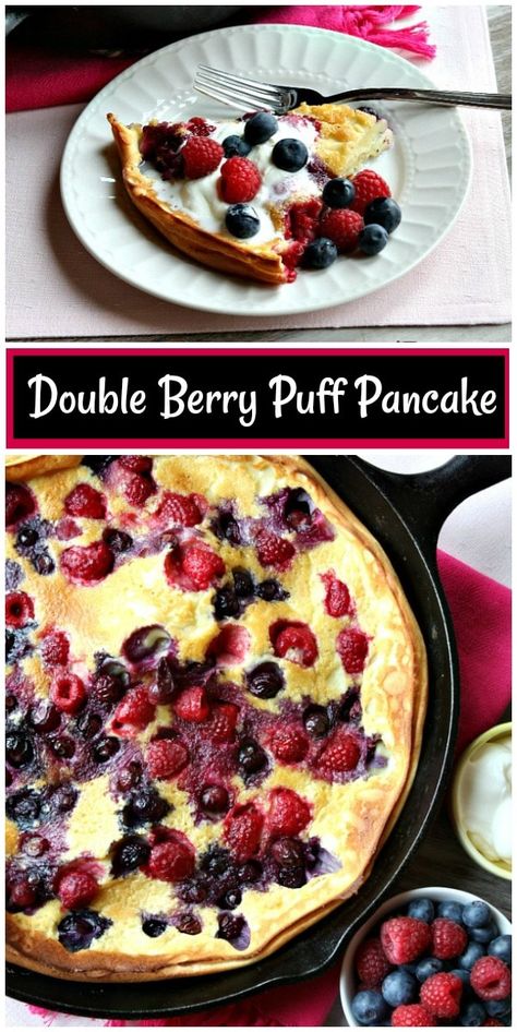 Double Berry Puff Pancake recipe from RecipeGirl.com #double #berry #berries #puff #pancake #puffpancake #pancakes #redwhiteandblue #breakfast #brunch #recipe #RecipeGirl Puff Pancake Recipe, Blueberries And Raspberries, Puff Pancake, Berry Pancakes, Cooking Breakfast, Iron Skillet Recipes, Breakfast Casseroles, Skillet Recipes, Cast Iron Skillet Recipes