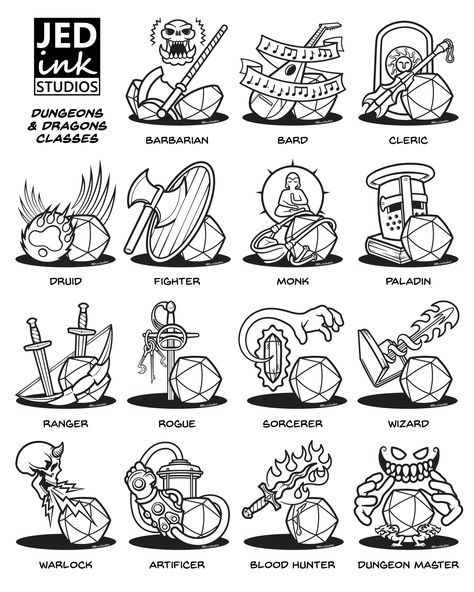 D&d Class Symbols, Simple Dnd Tattoo, Dnd Symbol Art, Dnd Character Classes, D&d Group Art, Dnd Bard Tattoo, Dnd Class Stickers, D&d Illustration, D&d Drawings