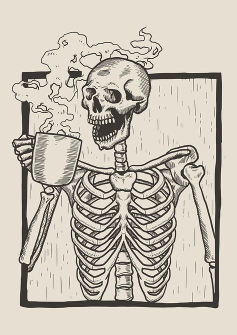 Skeleton Linocut Drink Coffee Velociraptor Tattoo, Sif Dark Souls, Skeleton Drinking Coffee, Skeleton Drinking, Skeleton Drawings, Coffee Vector, Drawing Simple, Skeleton Art, A Skeleton