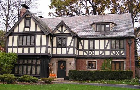 Tudor houses are mainly characterized by their wooden tim... by Alex Puzyr English Tudor House Exterior, Tudor Exterior Paint, Tutor Style Homes, Tudor Exterior, Tudor House Exterior, English Tudor Homes, Tudor Kitchen, Architecture Work, Tudor Cottage
