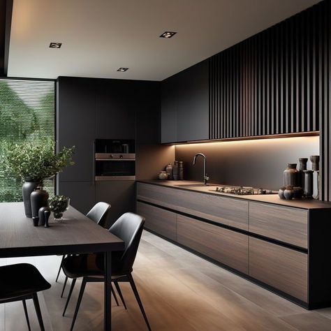 Dark Kitchen Interior Design, Dark Modern Kitchen Design, Masculine Modern Kitchen, Modern Kitchens 2024 Trends, Dark Apartment Kitchen, Black Cabinet Kitchen, Dark Modern Kitchen, Modern Dark Kitchen, Dark Kitchens