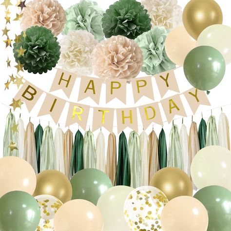 PRICES MAY VARY. 【Boho Party Decorations】:The sage green birthday decorations comprises 8 pieces of 10-inch paper flowers, 20 tissue tassels, 4 12-inch confetti balloons, 18 12-inch latex balloons (5 sage, 5 skin tone, 4 ivory, 4 gold), 1 Happy Birthday banner, 1 12ft gold chain, 1 gold cake topper, 3 sheets of 20 adhesive dots, and 1 green ribbon. The harmonious blend of sage and skin tone colors creates a vibrant Bohemian ambiance, making it a vital decoration for the birthday celebration 【Pre Sweet Sixteen Party Color Schemes, Green Birthday Party Decorations, Floral Birthday Party Decorations, Sage Green Birthday Party, Green Birthday Decorations, Gold Birthday Decor, Sage Green Birthday, Green Birthday Party, Boho Party Decorations