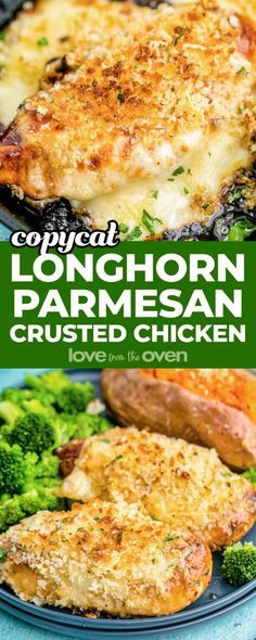 Longhorn Parmesan Crusted Chicken • Love From The Oven Gluten Free Recipes Chicken Easy Dinners, Parmesan Crusted Chicken Alfredo, Alfredo Chicken Parmesan, Dinner Ideas Without Chicken, Award Winning Recipes First Place, Italian Chicken Recipes Baked, Long Horn Parmesan Crusted Chicken, Chick Breast Recipes, Parmesan Crusted Spinach Dip