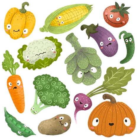 Vegetables Illustration Design, Cute Fruit And Vegetables Illustration, Vegetables Character Design, Cute Vegetable Illustration, Fruit And Vegetable Illustration, Cartoon Vegetables Illustration, Vegetable Illustration Design, Vegetable Character Design, Fruits And Vegetables Illustration