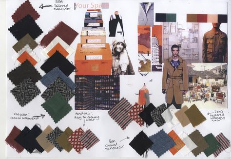 Menswear moodboard: Benjamin Goodyear: May 2011 Croquis, Fashion Fabric Board, Fashion Portfolio Ideas, Design Board Layout, Fashion Design Process, Fashion Process, Lookbook Layout, Fashion Design Classes, Fashion Portfolio Layout