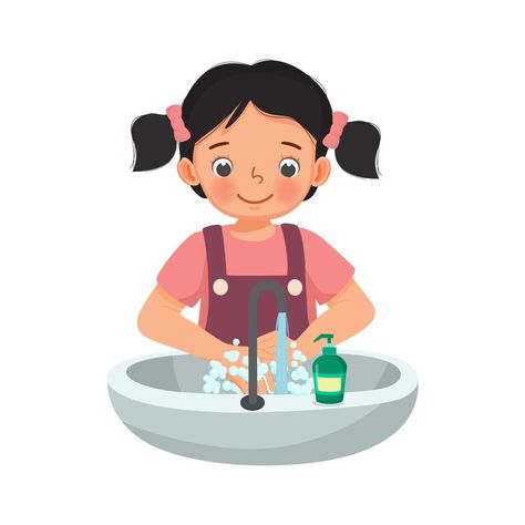 Cute Young Girl washing hands with antibacterial soap and running water under faucet at the sink as prevention against Virus and Infection and personal hygiene Washing Hands Activities, Personal Hygiene Activities, Sink Drawing, Kids Hygiene, Social Media Icons Vector, Hand Clipart, Washing Hands, Antibacterial Soap, Hand Images