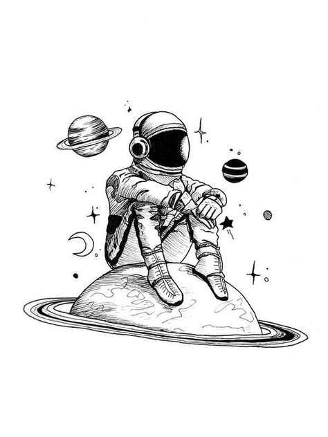 Astronaut Ink Drawing, Astronaut Sitting On Planet Tattoo, Simple Space Tattoo Designs, Astronaut Line Drawing, Astronaut In Space Drawing, Space Alien Tattoo, Edm Tattoo Ideas, Spaceman Drawing, Spaceman Tattoo