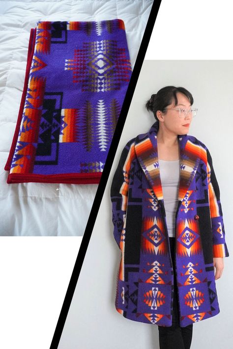 Blanket Coat Pattern Diy, Blanket Capote Patterns, Upcycling, Couture, Ponchos, Jackets Made From Blankets, Blanket Coat Sewing Pattern, Jacket From Blanket Diy, Diy Coat From Blanket