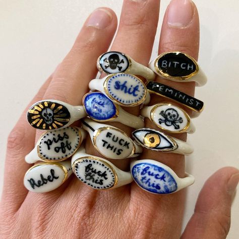 KERCHUNG!💥⚡️ Karen Cheung on Instagram: “Every ring that I make is shaped by hand, sanded and painted, going through three firings in the kiln along the way 🔥 I don't use moulds,…” Porcelain Rings, Tanah Liat, Keramik Design, Ceramic Artwork, Ceramics Pottery Art, Ceramic Rings, Clay Art Projects, Ceramics Projects, Ceramics Ideas Pottery