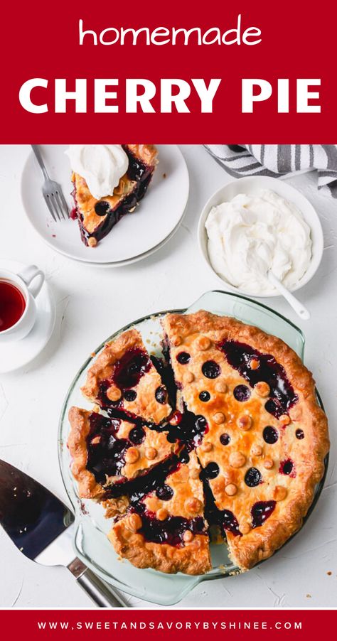 I’m so, so excited to share my favorite cherry pie recipe with you!! This recipe is not only our family’s favorite, but it’s also our readers’ favorite! #sweetcherrypie #sweetcherrypierecipe #sweetcherrypiefilling Sweet Cherry Pie Filling, Best Cherry Pie Recipe, Sully Cake, Buttery Flaky Pie Crust, Homemade Cherry Pie, Sweet Cherry Pie, Homemade Cherry Pies, Cherry Pie Recipe, Coconut Dessert