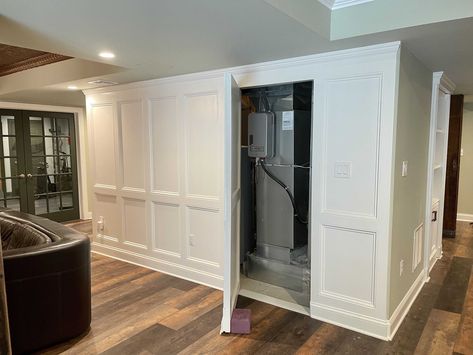 Divided Basement Ideas, Hidden Doors Wallpaper, Hidden Basement Storage Ideas, Finished Basement With Storage, Unique Finished Basement Ideas, Guest Basement Ideas, Basement Stairway Ideas Modern, Subbasement Design, Basement Storage Doors