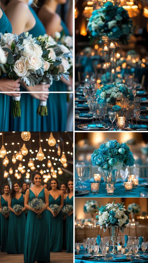 Elegant teal wedding decor featuring teal bridesmaid dresses, table settings, and floral arrangements for a stunning celebration. Teal Wedding Dresses Bridesmaid, Wedding Color Palette Turquoise, Lavender Teal Wedding, Teal And Gold Bridesmaid Dresses, Teal And Grey Wedding Theme, Dark Teal And Dusty Rose Wedding, Teal Black Gold Wedding Decorations, Best Wedding Themes Color Schemes, Teal Bridesmaids Dress