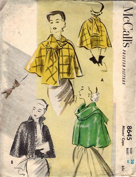 McCalls 8645 Vintage Cape Pattern dated 1951 UNCUT sold :( Cape Pattern Sewing, Patron Vintage, Retro Sewing Patterns, Cape Pattern, Vintage Cape, Motif Vintage, Cape Jacket, Tie Collar, Look Retro