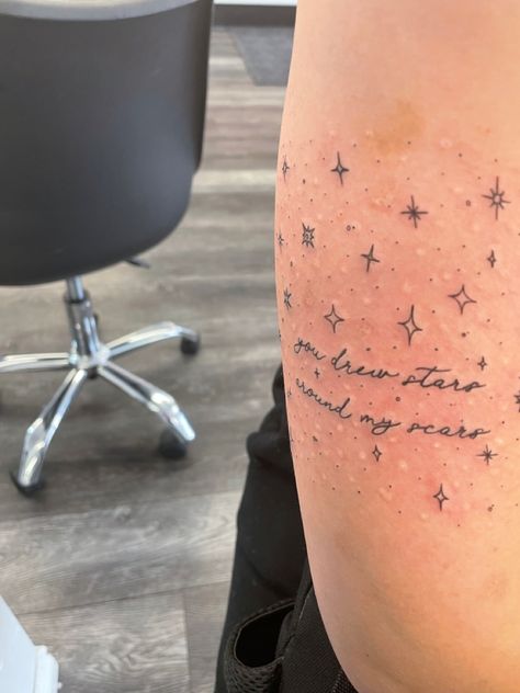 Taylor Swift Tattoo You Drew Stars, Timeless Taylor Swift Tattoo, Taylor Swift Star Tattoo, You Drew Stars Around Scars Tattoo Arm, City Of Stars Tattoo, Tattoos Around Scars, Taylor Swift Long Live Tattoo, Stars Around Scars, Tattoo For Scars