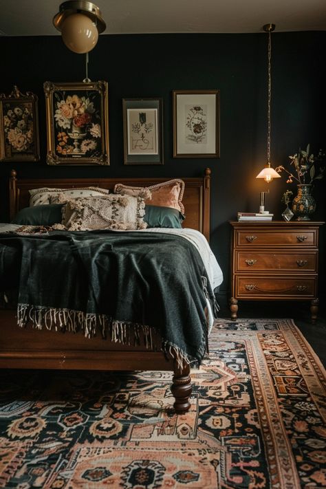 Dark Farmhouse Decor Bedroom, Forest Green Home Interior, Making A Large Bedroom Feel Cozy, Old World Maximalism, Navy Blue Bedroom Accents, Victorian Dark Bedroom, Dark Green And Copper Bedroom, Modern Organic Primary Bedroom, Anthroliving Bedroom