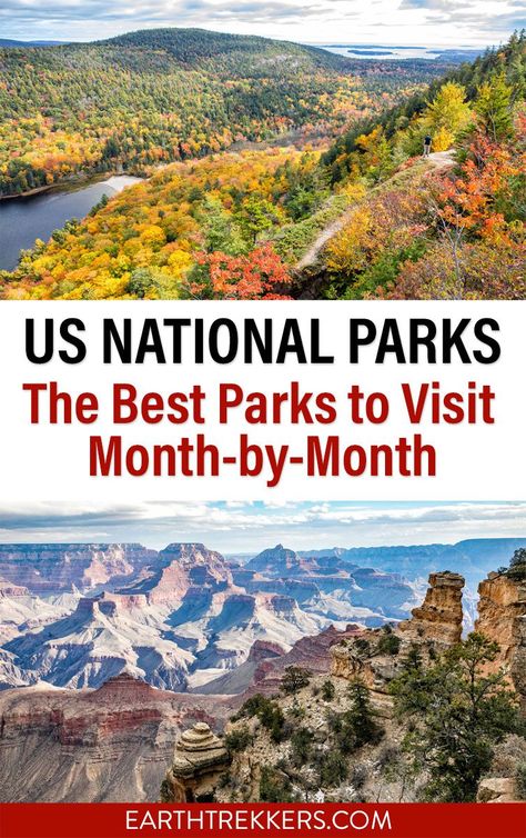 Best US National Parks to visit month by month. This guide covers every US national park and the best months to visit, based on weather, road closures, and crowd levels. It's the ultimate guide to picking out your next national park destinations. Map Of National Parks In Us, Earth Trekkers, National Parks In The Us, Us National Parks Map, All National Parks, List Of National Parks, National Parks Road Trip, Congaree National Park, Camping Rv