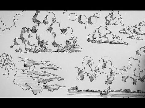 Micron Pen Clouds, Variations On A Cloud, Clouds Drawing Realistic, How To Sketch Clouds, How To Draw Realistic Clouds, Cloud Drawing Tutorial, Drawing Of Clouds, How To Draw Sky, Draw Ocean