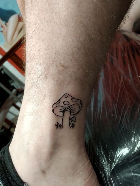 Simple Mushroom Tattoo. Mushroom Line Work Tattoo, Small Red Mushroom Tattoo, Small Tattoo Linework, Mushroom Tiny Tattoo, Mushroom Linework Tattoo, Flash Mushroom Tattoo, Ankle Mushroom Tattoo, Shroom Tattoo Small, Small Simple Mushroom Tattoo