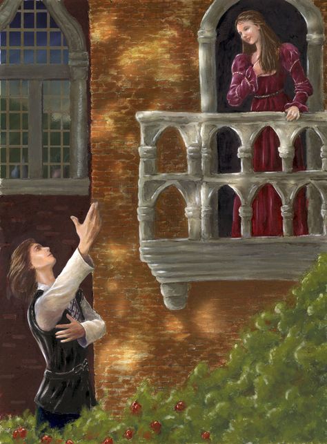 Antonia Jo: Artist Series: Michael Logsdon, Historical Illustrations Humour, Romeo And Juliet Balcony, Romeo Ve Juliet, Juliet Balcony, Classical Art Memes, Historical Illustration, Scene Drawing, Romeo Y Julieta, Shakespeare Plays