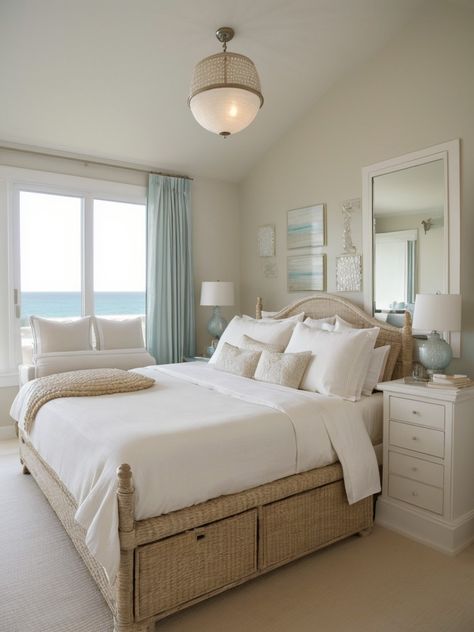 Sea and Sand: Coastal Bedroom Decor Ideas for a Coastal Chic Look - Bedroom Inspo Beige Beach Bedroom, Beachy Bedframe, Beige Coastal Bedroom, Cottage Farmhouse Bedroom Ideas, Beachy Coastal Bedroom, Beachy Master Bed, Costal Beach Bedroom, Charleston Bedroom Ideas, Beach Hotel Room Design