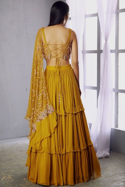 Shloka Khialani, Blouse With Straps, Blouse With Lehenga, Mustard Blouse, Blouse And Lehenga, Long Blouse Designs, Haldi Outfits, Lehenga Dupatta, Georgette Lehenga