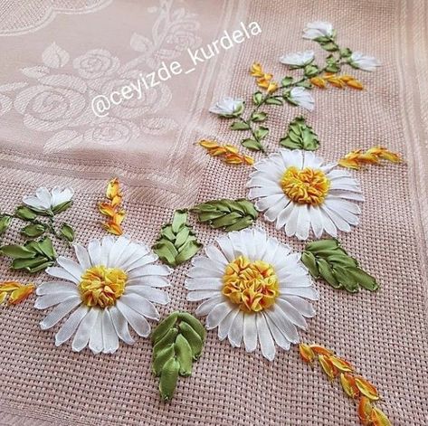 Lovely ribbon Embriodery on Fabric #ribbonembroidery Ribbon Embroidery Designs, Embroidery On Clothing, Embroidery On Fabric, Dress Design Ideas, Silk Ribbon Embroidery Tutorial, Embroidery Shirts, Sulaman Pita, Diy Lace Ribbon Flowers, Silk Ribbon Embroidery Patterns