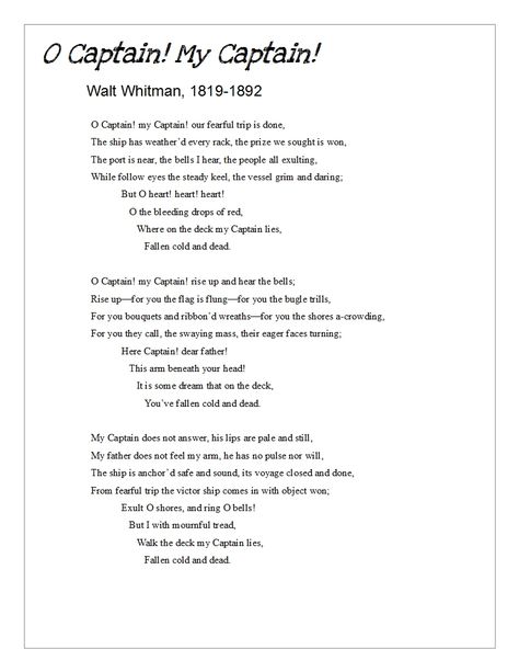 O Me O Life Walt Whitman, O Captain My Captain Poem, Oh Captain My Captain Poem, Todd Anderson Poem, Captain Quotes, Whitman Poems, Whitman Quotes, Walt Whitman Poems, O Captain My Captain