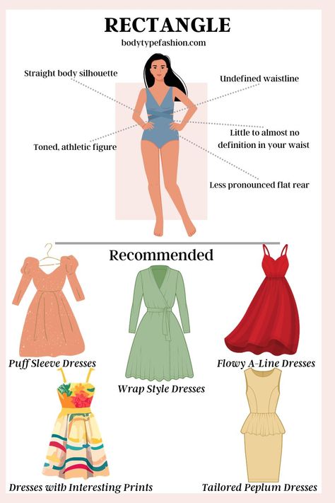 What Style Dresses are best for the Rectangle Body Shape Body Shape Chart, Rectangle Body Shape Fashion, Body Type Clothes, Rectangle Body Shape Outfits, Body Shapes Women, Dress For Body Shape, Dressing Your Body Type, Dress Body Type, Different Types Of Dresses