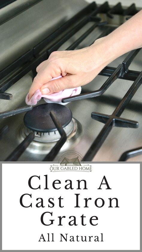 You don't need toxic commercial cleaners to clean the cast iron grate of your gas stove. With a few household staples you can make it shine again. Clean Stove Top Grates, Clean Stove Grates, Clean Gas Stove Top, Cleaning Fruit, Cleaning Cast Iron, Gas Stove Cleaning, Stove Top Cleaner, Uses For Vinegar, Cast Iron Oven