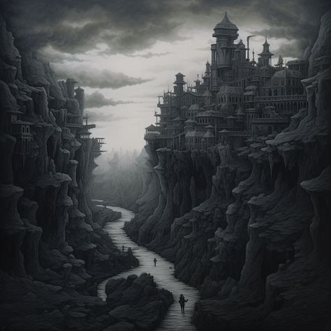 Gray dark fantasy landscape concept art; Generated with Midjourney AI. Dark Planet Concept Art, Dark Fantasy Concept Art Environment, Fantasy Landscape Concept Art, Dark Fantasy Landscape, Landscape Concept Art, Dark Planet, Fantasy Island, Landscape Concept, Fantasy Book