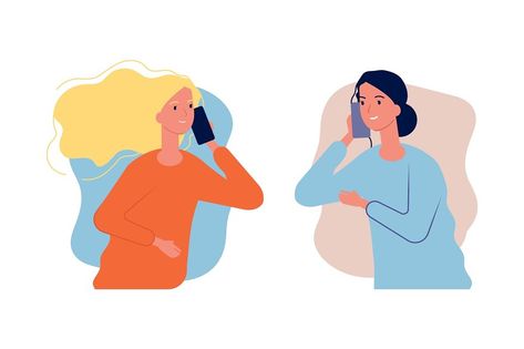 Phone talk. Women girlfriends have conversation. Call center help, girl need to talk. Mother and daughter cellphone dialog, parent care vector illustration. Mother daughter conversation, family speak Character Illustration, Doodle Paint, Talking On The Phone, Women Talk, Girl Talk, Mother And Daughter, Call Center, Two Girls, Illustration Character Design