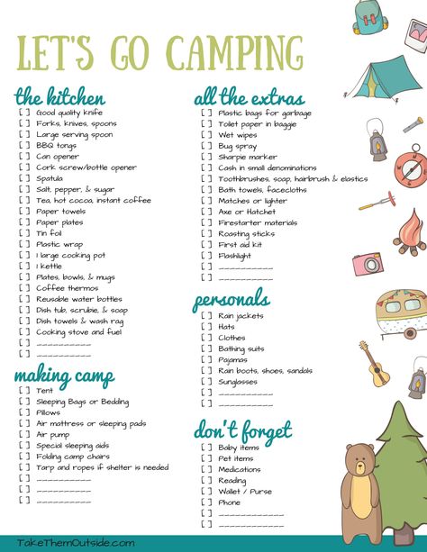 Free Family Camping Packing Lists Camping List, Camping Trip Packing List, Camper Checklist, Camping Packing List, Camping Needs, Camping Packing, Camping Organization, Packing Checklist, Family Camping Trip