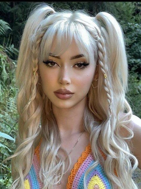 Y2k Hair For Long Hair, Tinkerbell Bun Hairstyles, Different Types Of Pigtails, Fancy Pigtails Hairstyles, Crazy Long Hairstyles, Hairstyles For Pigtails, Doll Like Hairstyles, Braided Pigtails With Bangs, Pigtails For Long Hair