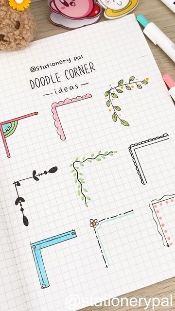 Simple Doodle Borders, Corner Journal Ideas, Corner Doodle Ideas, Paper Corner Designs Simple, Easy Notebook Ideas, Border Design Using Ballpen, Doodle Corner Borders, Notebook Ideas Cover Design Simple, Doodle Corner Ideas