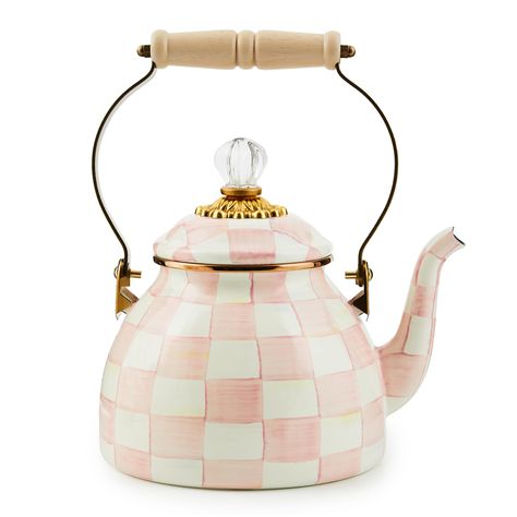 PRICES MAY VARY. ROSY CHECK KETTLE: Our Rosy Check kettle is the perfect addition to a whimsical tea set. The heavy-gauge steel underbody is glazed with pretty hand-painted color-dragged pink-and-white checks. Dressed to the nines, it has a wood handle and a lid topped with a clear glass knob. UNIQUE TEA KETTLE: Whether you’re enjoying a casual cup of tea in the afternoon or hosting an elegant party, you can make each day extraordinary with MacKenzie-Childs. This cute kettle is a functional and Mckenzie And Childs, Courtly Check, Steel Rims, Cute Kitchen, Pretty Hands, Glass Knobs, Mackenzie Childs, Brass Accents, Tea Kettle