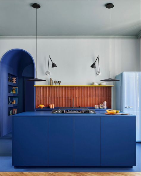 Bauhaus Kitchen, Bright Kitchen, The Color Blue, Feeling Pretty, Interiors Dream, Kitchen Benches, Be More Productive, Blue Kitchens, Fiery Red