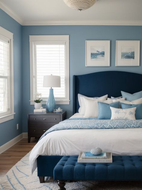 Light Blue Color Combinations Bedrooms, Dark Blue Bedroom Furniture, Accent Wall Blue Bedroom, Shades Of Blue For Bedroom Walls, Light Blue And Grey Bedroom Ideas, Light Blue Wall Bedroom Ideas, Blue And White Bedroom Master, Light Blue Accent Wall Bedroom, Baby Blue Bedroom Ideas