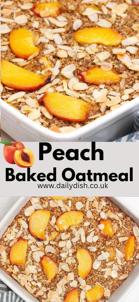 Vegan Peach Baked Oatmeal Baked Oatmeal Recipes Peach, Peach Baked Oatmeal Recipes, Oat Bake Breakfast Healthy, Oatmeal Breakfast Bake Recipes, Peach Baked Oatmeal Healthy, Peach Breakfast Casserole, Peaches Recipes Healthy, Healthy Baked Peaches, Peach Oatmeal Bake