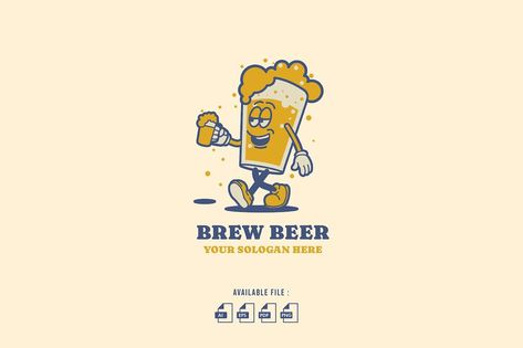 Brew Beer Retro Cartoon Logo Beer Vintage Illustration, Retro Mascot Logo, Beer Illustration Art, Retro Beer Logo, Drinking Cartoon, Beer Character, Beer Bar Design, Logo Drink, Beer Logo Design