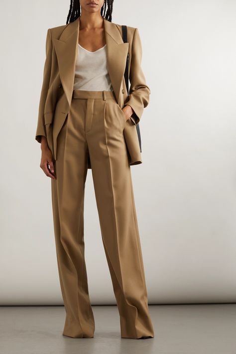 Living up to the brand's storied reputation, SAINT LAURENT's tailoring remains iconic in the hands of Anthony Vaccarello. Cut from wool-twill that'll last even longer if you dry clean it sparingly, these chic pants have exaggerated flared legs. Wear yours with tie-detailed blouses, classic stripes or the full suit with the matching blazer. Trouser Pants Outfits, Womens Tailored Suit, Camel Pants, Professional Outfits Women, Chic Pants, Brown Suits, Work Suits, Woman Suit Fashion, Pantsuits For Women