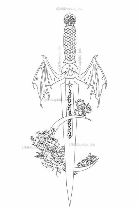 I keep seeing my tattoo design shared on this site with people labeling it incorrectly so wanted to set the record straight. The sword is Ataraxia from ACOTAR, the pommel is for terrasen from TOG, the hilt is illryian leathers from ACOTAR, then ramiel mountain from acotar with abraxos wings from TOG, bryce’s star tattoo and hunts thorn tattoo from CC, CC moon and 13 flowers for the 13 from TOG. Bibliophile_ink on instagram designed this for me and I paid for it. Copacetic Tattoo, Ruhn Danaan Tattoo, Velaris Mountains Drawing, Starsword Crescent City Tattoo, Acotar Dagger Tattoo, Sjm Universe Tattoo, Nesta Tattoo Ideas, Fantasy Dagger Tattoo, A Court Of Thorns And Roses Tattoo Ideas