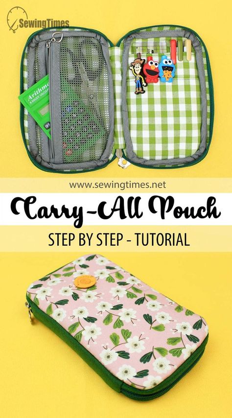DIY Carry-All Pouch | How to make a zip around Pencil Case [sewingtimes] Pencil Holder Sewing Pattern, Zipper Pencil Pouch Pattern, Pen Pouch Pattern, Pencil Pouch Sewing Pattern Free, Homemade Pencil Case, How To Make Pencil Case, How To Make Pouch, Diy Pencil Case Pattern, Pencil Bag Pattern