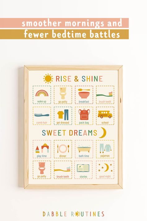 morning and bedtime routine chart with images for each routine. Top of chart says rise and shine with 8 morning routine images below. Bottom of chart says sweet dreams with 8 bedtime routine images below. Kids Visual Schedule, Toddler Morning Routine, Toddler Routine Chart, Bedtime Chart, Daily Routine Kids, Daily Routine Chart For Kids, Toddler Chart, Toddler Bedtime Routine, Bedtime Routine Chart